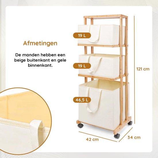 Nancy's Eleganca Wassorteerder 3 Vakken - Wasmand - Met Wieltjes - Bamboe - ± 40 x 35 x 120 cm