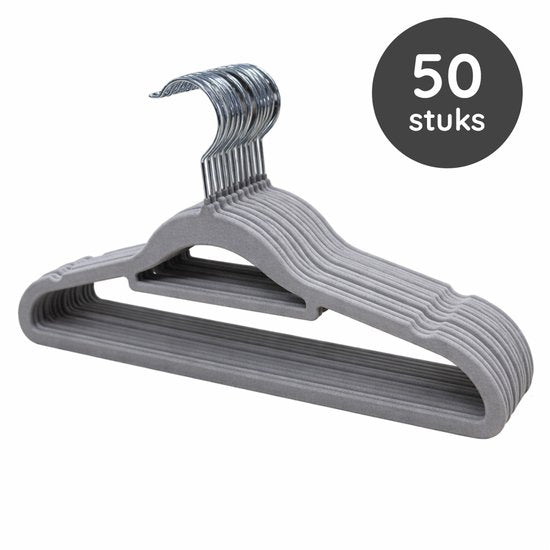 Nancy's Eleganca Kledinghangers - Set van 50 - Kleerhangers - Met Broeklat - Ansi-slip - Grijs - Kunststof