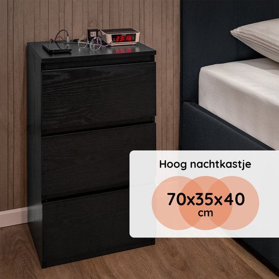 Casamoda Hoog Nachtkastje voor Boxspring met Stopcontact en USB - Ladekastje - 3 Lades - Zwart - 40 x 35 x 70 cm