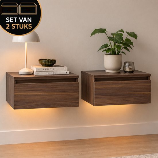 Casamoda Nachtkastje set van 2 - Zwevend nachtkastje met lade - LED-Verlichting - Walnoot - 40 x 35 x 18 cm
