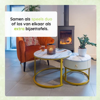 Casamoda Salontafel set van 2 - Bijzettafels Rond - Goud / Wit Marmer - Ø 70/50 cm