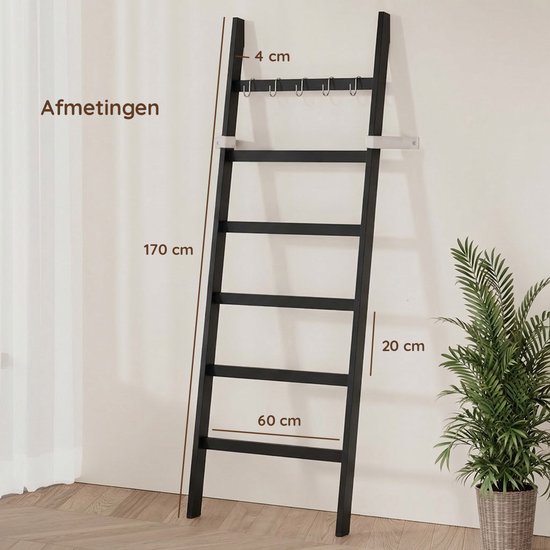 Nancy's Eleganca Handdoekladder - Handdoekrek - Decoratieve Ladder met 5 Ophanghaakjes - Zwart - Bamboe - 60 x 170 cm