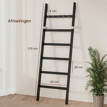 Nancy's Eleganca Handdoekladder - Handdoekrek - Decoratieve Ladder met 5 Ophanghaakjes - Zwart - Bamboe - 60 x 170 cm