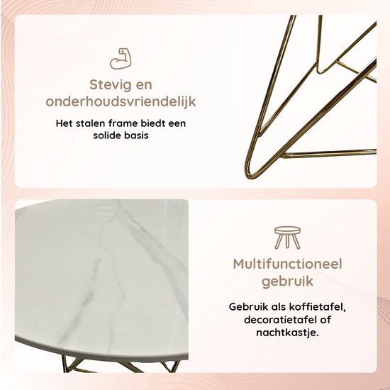 Casamoda Bijzettafel - Salontafel - Gouden Frame - Marmer - Stenen Tafelblad Rond - Wit - ± Ø 60 x 60 cm