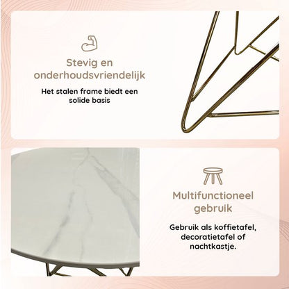 Casamoda Bijzettafel - Salontafel - Gouden Frame - Marmer - Stenen Tafelblad Rond - Wit - ± Ø 60 x 60 cm