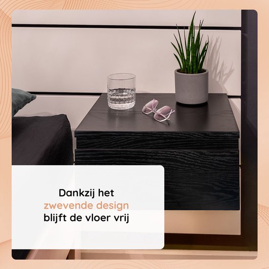 Casamoda Zwevend Nachtkastje - Set van 2 - Verstelbare LED-Verlichting - Zwart - ± 40 x 35 x 20 cm