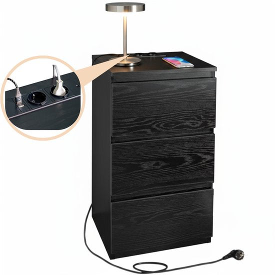 Casamoda Nachtkastje met Stopcontact en USB-Aansluiting - Ladekastje - 3 Lades - Zwart - 40 x 35 x 55 cm