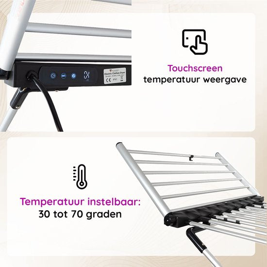 Eleganca Elektrisch Droogrek - Verwarmd Wasrek - Timer met Touchscreen - Veiligheidssensor - Zilver - 230W