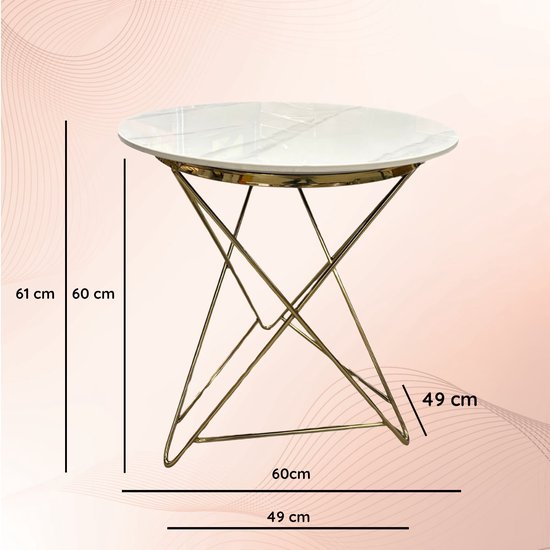 Casamoda Bijzettafel - Salontafel - Gouden Frame - Marmer - Stenen Tafelblad Rond - Wit - ± Ø 60 x 60 cm