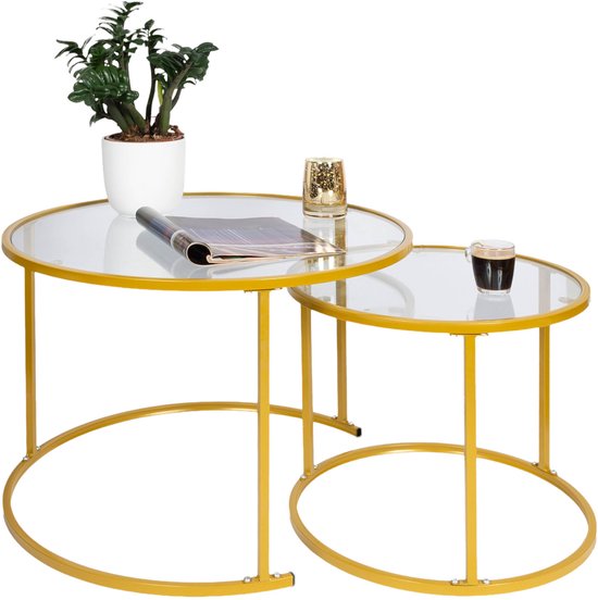 Casamoda Salontafel set van 2 - Bijzettafels Rond - Glas - Goud - Ø 70/50 cm