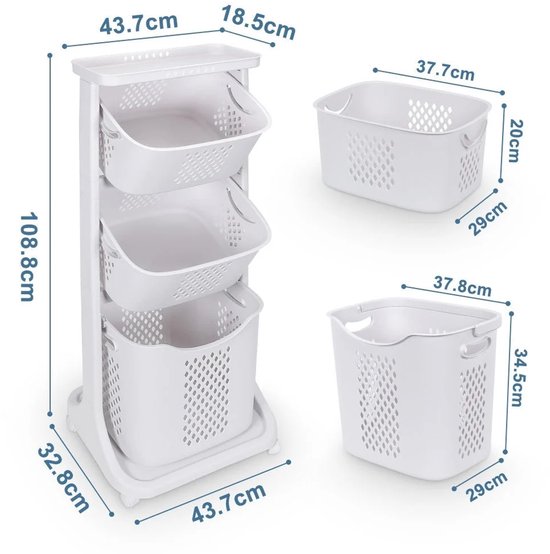 Eleganca Wasmand 3 vakken - Wasbox - Wassorteerder - Wasmand op Wielen - Wit - 82 Liter