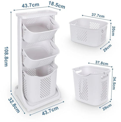 Eleganca Wasmand 3 vakken - Wasbox - Wassorteerder - Wasmand op Wielen - Wit - 82 Liter