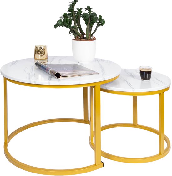 Casamoda Salontafel set van 2 - Bijzettafels Rond - Wit Marmer / Goud - Ø 70/50 cm