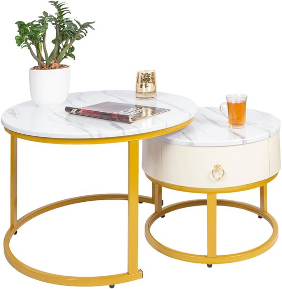 Casamoda Salontafel set van 2 - Bijzettafels Rond - Goud / Wit Marmer - Ø 70/50 cm