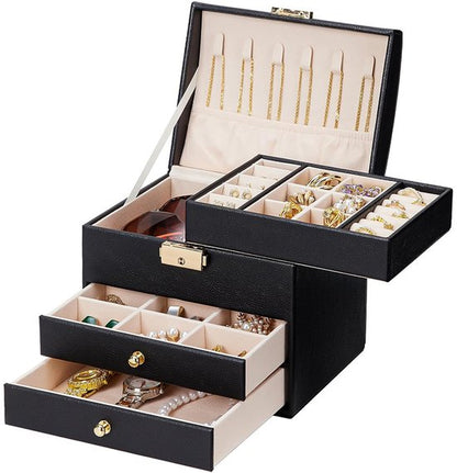 Nancy's Eleganca Sieradendoos - Sieraden kistje - Juwelenkistje - Sieradenhouder met 3 Lades - Opbergdoos voor sieraden - Zwart - Leer
