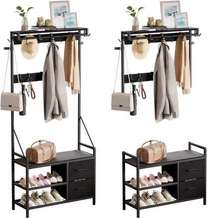 Casamoda Wandgarderobe - Garderoberek - Kapstok met Schoenenrek - Metaal / Hout - Zwart - 80 x 40 x 180 cm