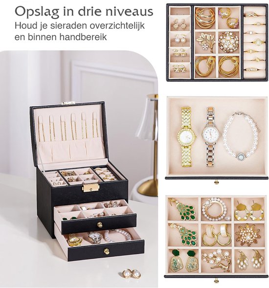 Nancy's Eleganca Sieradendoos - Sieraden kistje - Juwelenkistje - Sieradenhouder met 3 Lades - Opbergdoos voor sieraden - Zwart - Leer