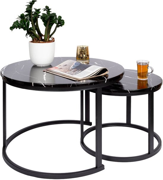 Casamoda Salontafel set van 2 - Bijzettafel Set Rond -  Zwart Marmer - Hout / Staal - Ø 70/50 cm