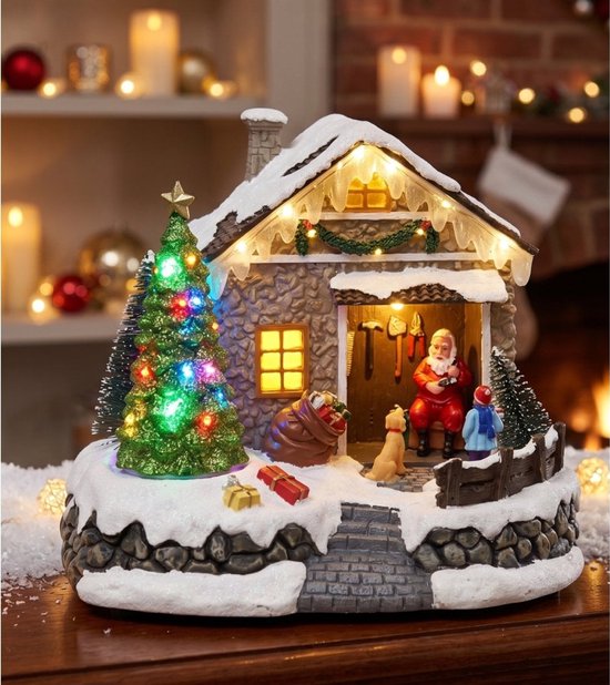 Nancy's Gxmas Kerstdorp Kersthuisje met LED Verlichting en Beweging - Kerstdecoratie - Kerstman met Kerstboom - Kerstversiering op batterijen - Kerstdorp decoratie