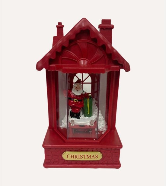 Nancy's Gxmas Kerstlantaarn met Bewegende Sneeuw - Kerstman Kersttafereel - Rood - Kerstdecoratie op Batterijen - LED Verlichting en Muziek - 20 cm