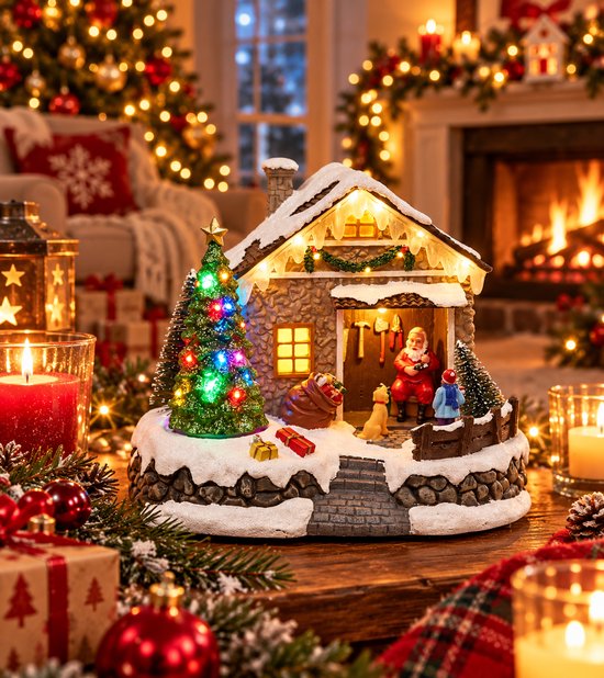 Nancy's Gxmas Kerstdorp Kersthuisje met LED Verlichting en Beweging - Kerstdecoratie - Kerstman met Kerstboom - Kerstversiering op batterijen - Kerstdorp decoratie