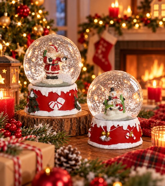 Nancy's Gxmax Muzikale Kerst Sneeuwbol Set van 2 Stuks - Kerstversiering - Kerstman - Sneeuwpop - Decoratieve sneeuwbollen - Kerstdecoratie - 15 cm hoog