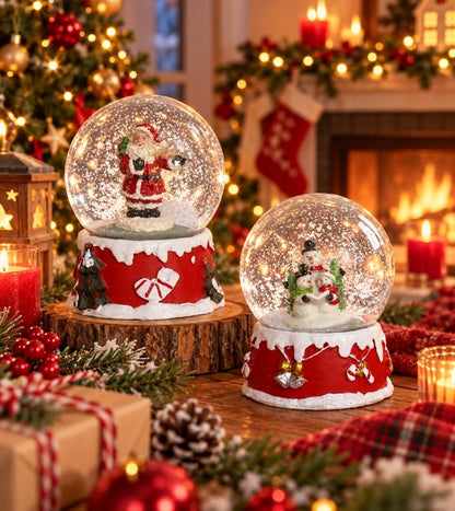 Nancy's Gxmax Muzikale Kerst Sneeuwbol Set van 2 Stuks - Kerstversiering - Kerstman - Sneeuwpop - Decoratieve sneeuwbollen - Kerstdecoratie - 15 cm hoog