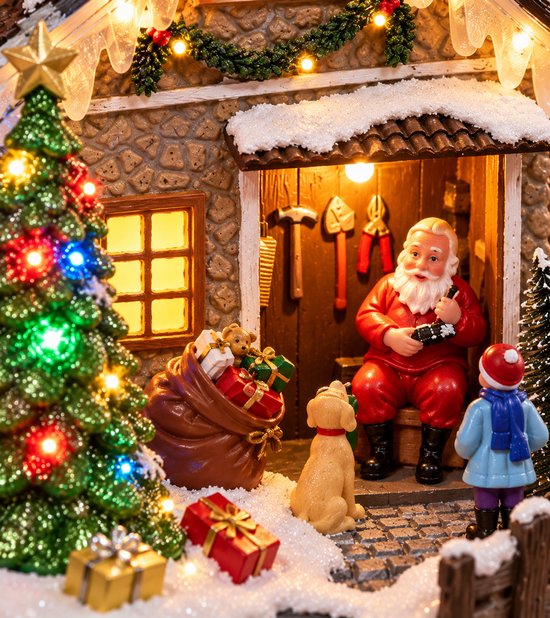 Nancy's Gxmas Kerstdorp Kersthuisje met LED Verlichting en Beweging - Kerstdecoratie - Kerstman met Kerstboom - Kerstversiering op batterijen - Kerstdorp decoratie