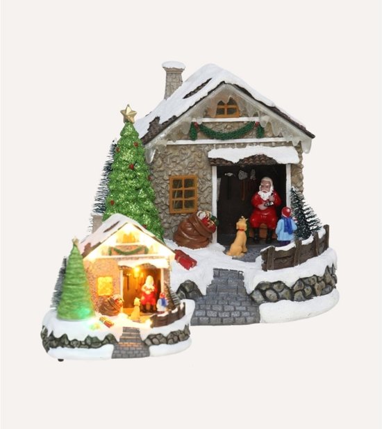 Nancy's Gxmas Kerstdorp Kersthuisje met LED Verlichting en Beweging - Kerstdecoratie - Kerstman met Kerstboom - Kerstversiering op batterijen - Kerstdorp decoratie
