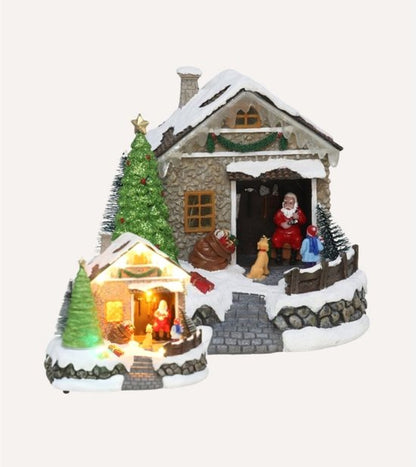 Nancy's Gxmas Kerstdorp Kersthuisje met LED Verlichting en Beweging - Kerstdecoratie - Kerstman met Kerstboom - Kerstversiering op batterijen - Kerstdorp decoratie