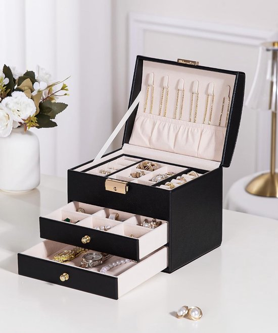 Nancy's Eleganca Sieradendoos - Sieraden kistje - Juwelenkistje - Sieradenhouder met 3 Lades - Opbergdoos voor sieraden - Zwart - Leer