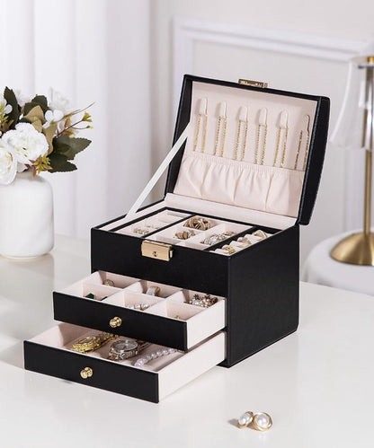 Nancy's Eleganca Sieradendoos - Sieraden kistje - Juwelenkistje - Sieradenhouder met 3 Lades - Opbergdoos voor sieraden - Zwart - Leer