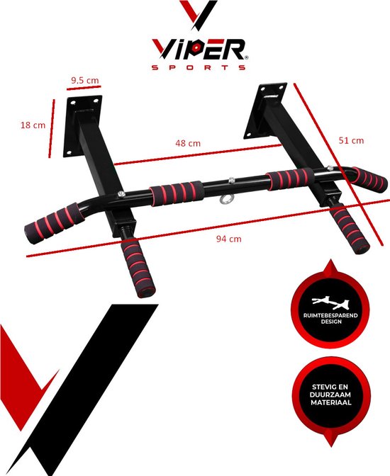 Viper Sports Pull up bar met bokszak bevestiging ring L92xB50xH8 cm – Zwart/Rood