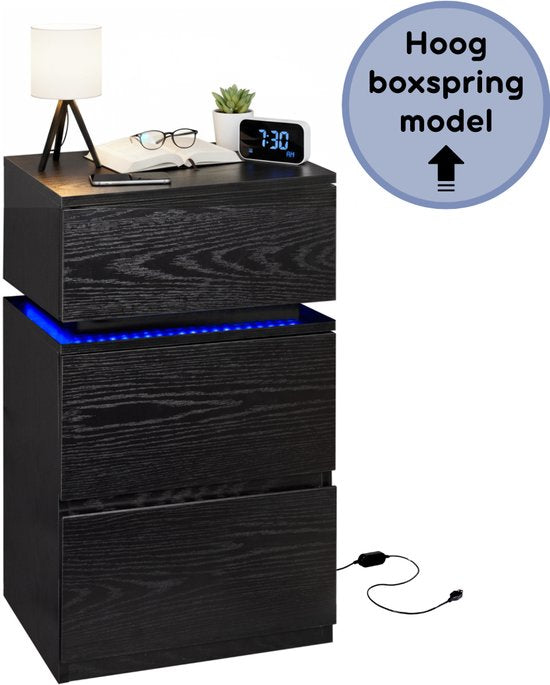 Casamoda Hoog Nachtkastje voor Boxspring - Ladekastje - 3 Lades - Verstelbare RGB LED-Verlichting - Zwart - 40 x 35 x 70 cm