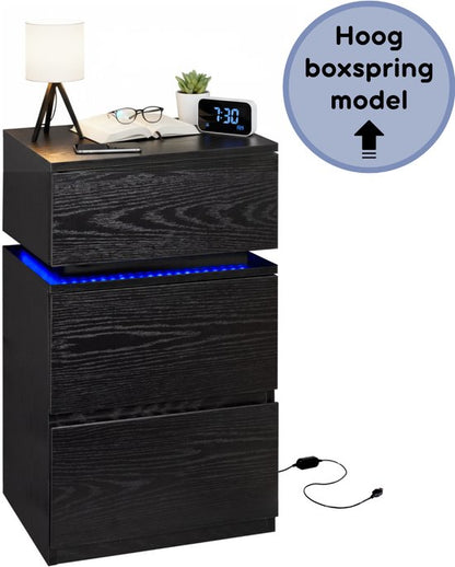 Casamoda Hoog Nachtkastje voor Boxspring - Ladekastje - 3 Lades - Verstelbare RGB LED-Verlichting - Zwart - 40 x 35 x 70 cm