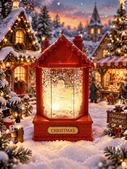 Nancy's Gxmas Kerstlantaarn met Bewegende Sneeuw - Kerstman Kersttafereel - Rood - Kerstdecoratie op Batterijen - LED Verlichting en Muziek - 20 cm