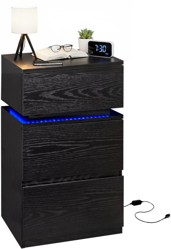 Casamoda Nachtkastje - 3 Lades - Ladekastje - Verstelbare RGB LED Verlichting - Zwart - 40 x 35 x 55 cm