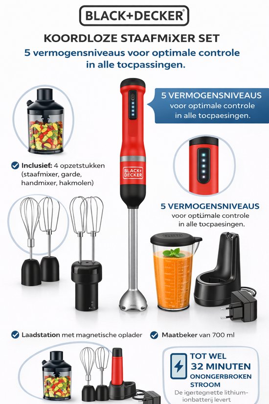 Nancy's Black & Decker Draadloze Staafmixer - Inclusief Garde, Hakmolen en Mengkom - Rood - RVS