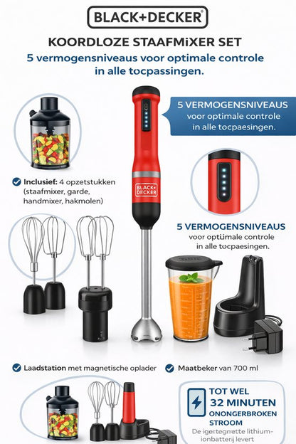 Nancy's Black & Decker Draadloze Staafmixer - Inclusief Garde, Hakmolen en Mengkom - Rood - RVS