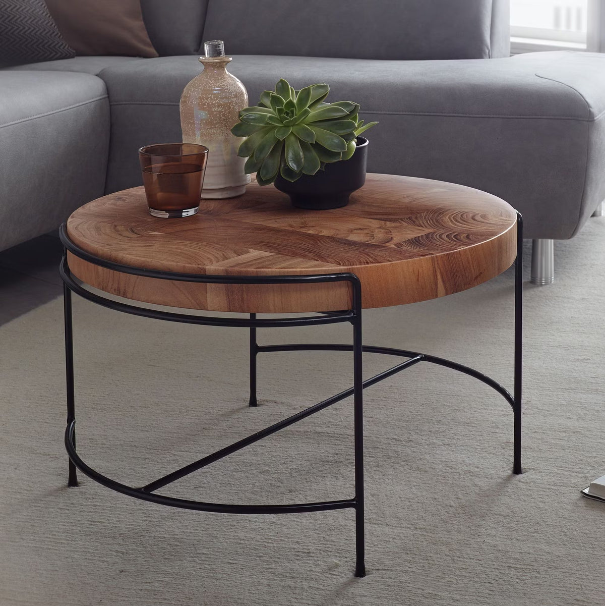 Nancy's Ugento Salontafel - Koffietafel - Bijzettafel - Massief Acaciahout / Staal - ± 60 x 60 x 40 cm