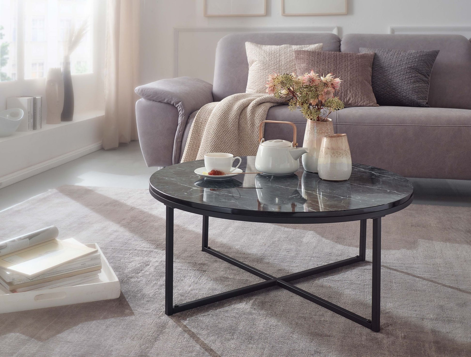 Nancy's Gebelim Salontafel - Koffietafel - Zwart Marmerlook - Staal - ± Ø 80 x 35 cm