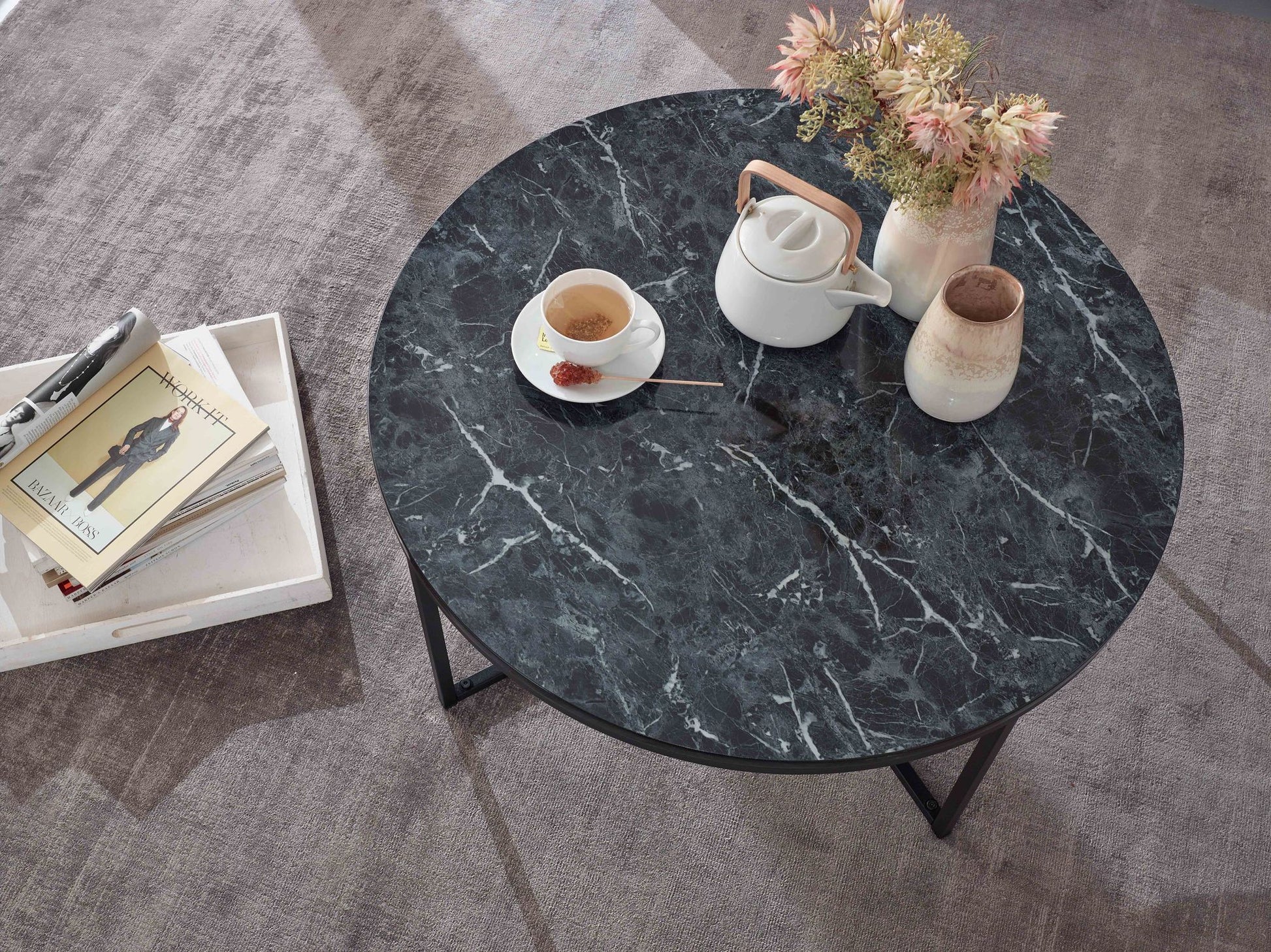 Nancy's Gebelim Salontafel - Koffietafel - Zwart Marmerlook - Staal - ± Ø 80 x 35 cm