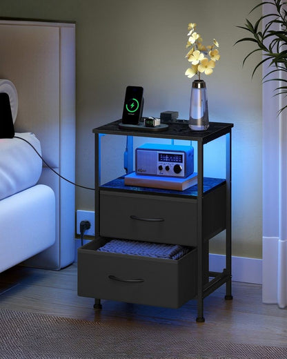 Nancy's Possagno Nachtkastje - Bijzettalfetje - Praktisch Oplaadstation - LED-Verlichting - Zwart - ± 40 x 30 x 60 cm