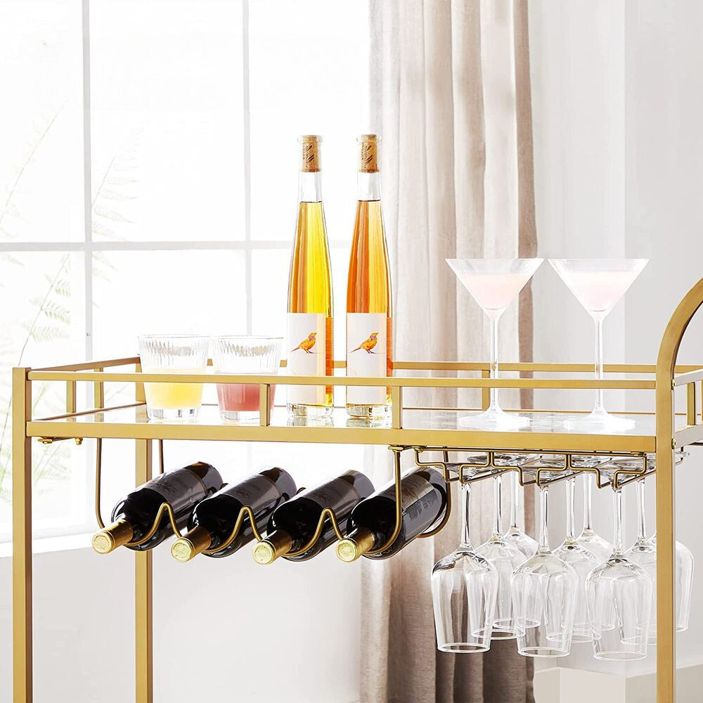 Nancy's Oundle Keukentrolley Goud - Bartrolley - Serveerwagen - Trolley op wielen - Staal - Glas - Modern - 80 x 38 x 77,5 cm