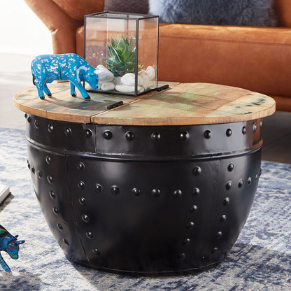 Nancy's Hettinger Salontafel - Koffietafel - Ronde Tafel - Bijzettafel - Opbergruimte - Massief Mangohout - Gerecycled Hout - Zwart - 60 x 60 x 36 cm