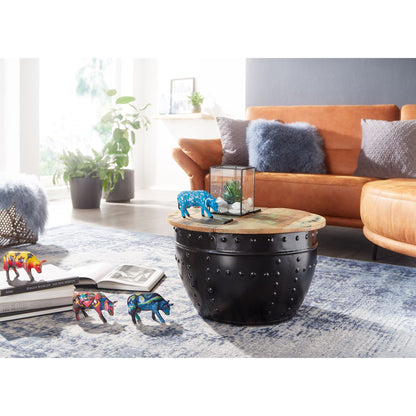 Nancy's Hettinger Salontafel - Koffietafel - Ronde Tafel - Bijzettafel - Opbergruimte - Massief Mangohout - Gerecycled Hout - Zwart - 60 x 60 x 36 cm