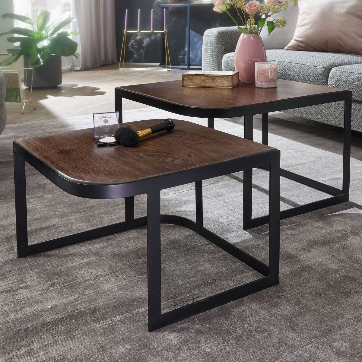 Nancy's Valderice Salontafel Set - Bijzettafels - Koffietafels - 2-Delige Salontafelset - Massief Mangohout - Bruin / Zwart