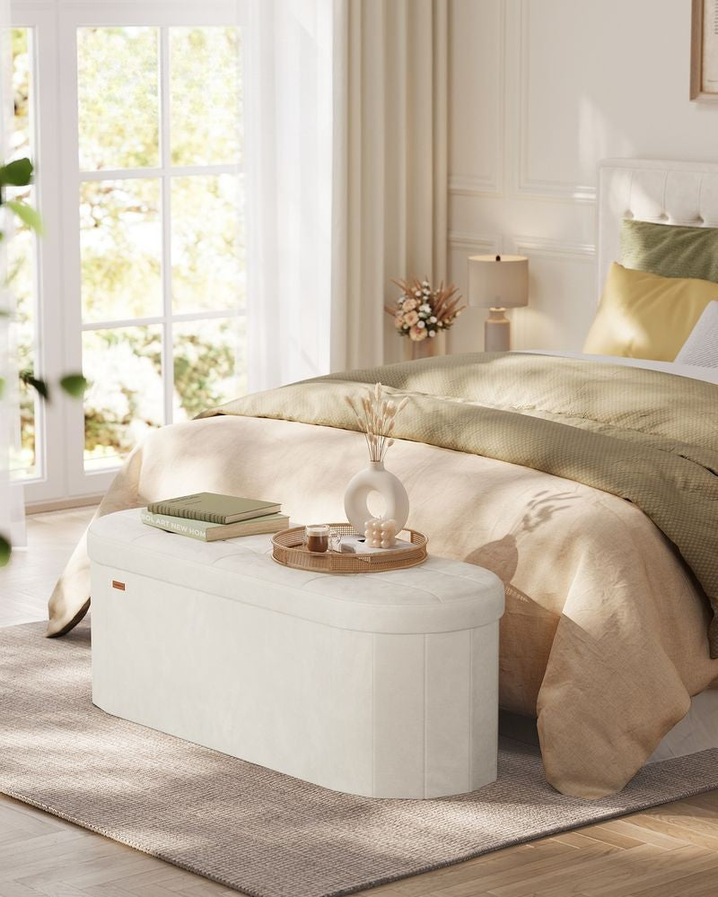 Nancy's Prali Opbergbank - Bankje met opbergruimte - 110 Liter - Crèmewit - Fluweel - ± 110 x 40 x 40 cm