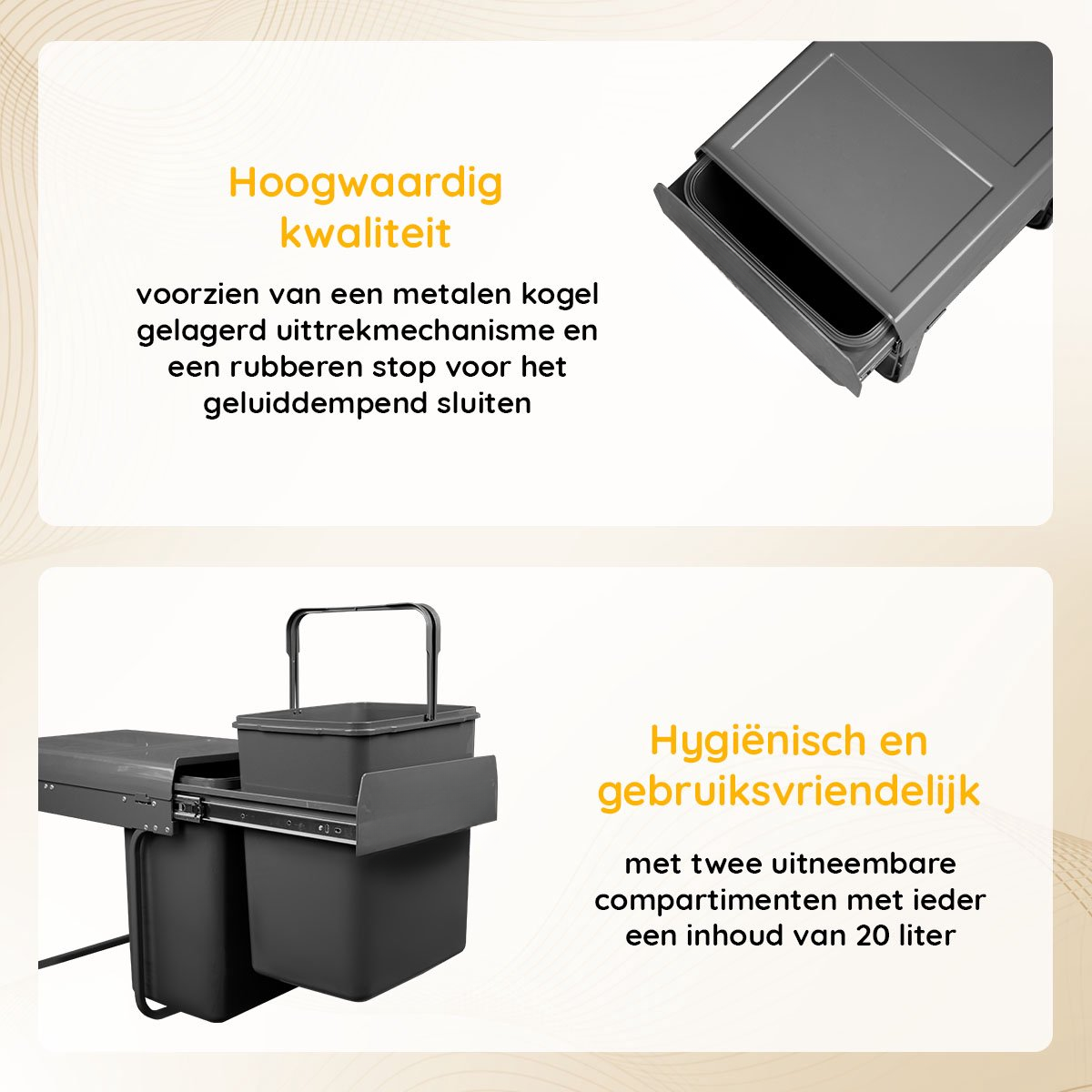 Eleganca Inbouw prullenbak - 2x20 Liter - Inbouw vuilnisbak - Prullenbakken afval scheiden