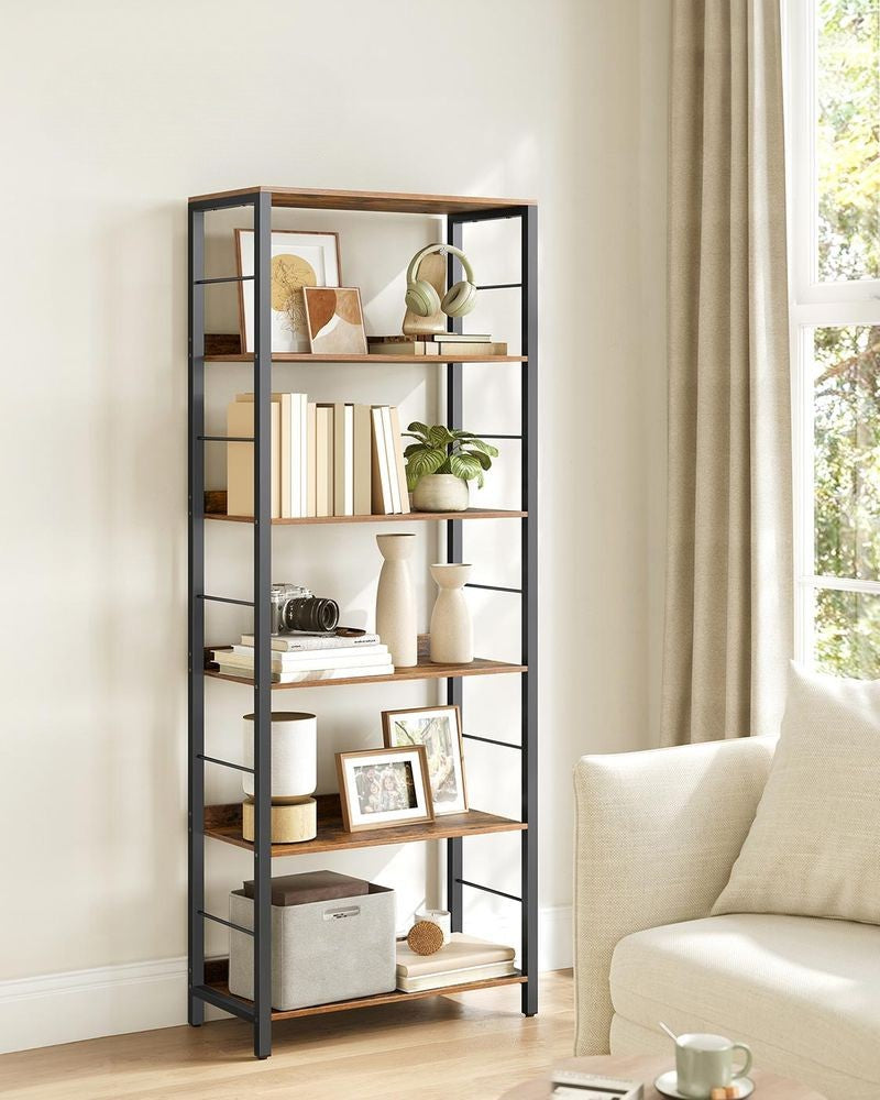 Nancy's Mesagne Boekenkast - Opbergkast - Vitrinekast - 6 planken - Vintage Bruin / Zwart - ± 60 x 30 x 180 cm